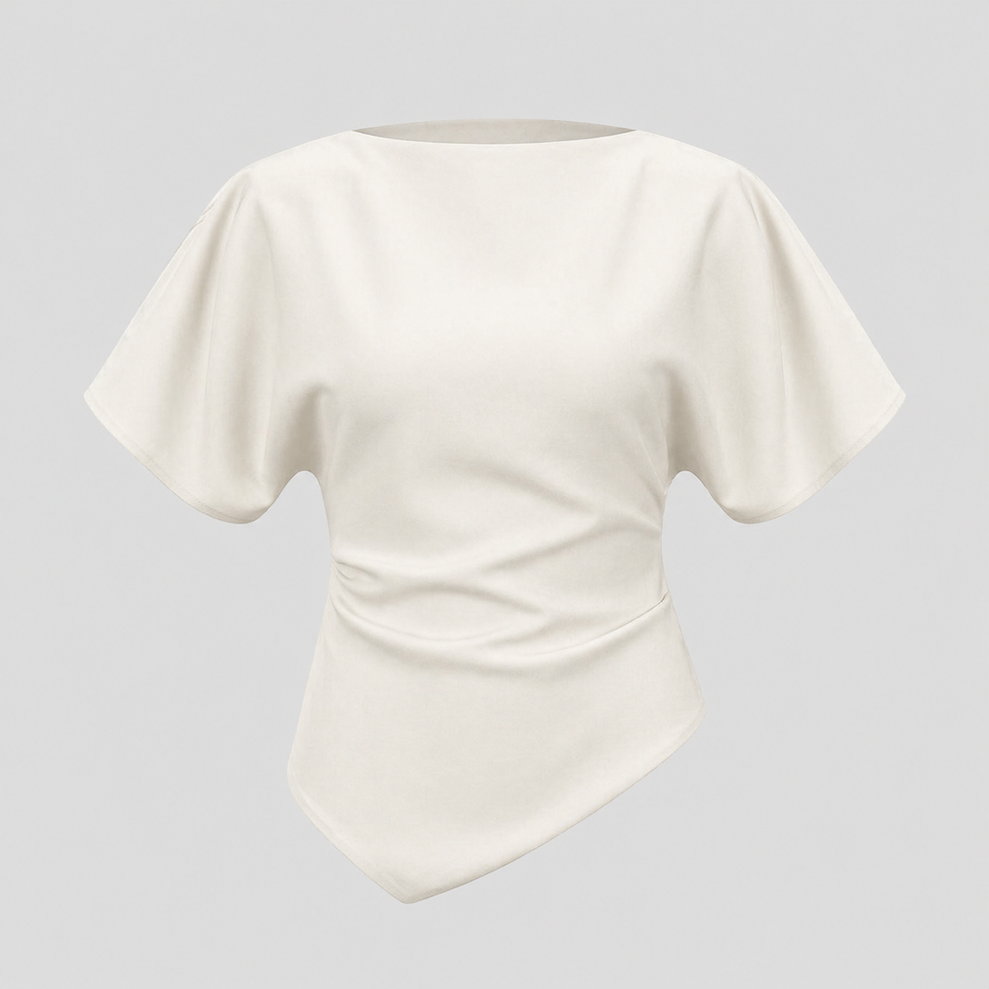 Structured blouse with bateau neckline, short draped sleeves, sculpted waist, and asymmetrical hem for a modern elegant silhouette