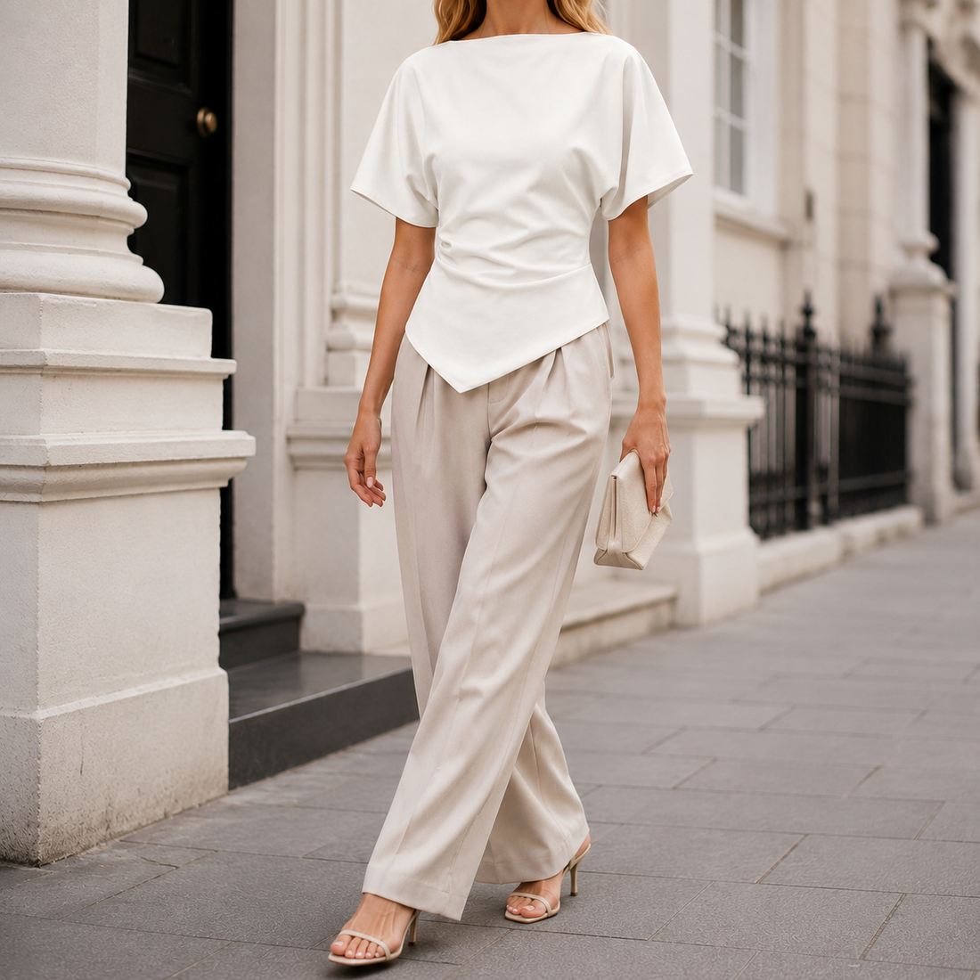 Structured blouse with bateau neckline, short draped sleeves, sculpted waist, and asymmetrical hem for a modern elegant silhouette