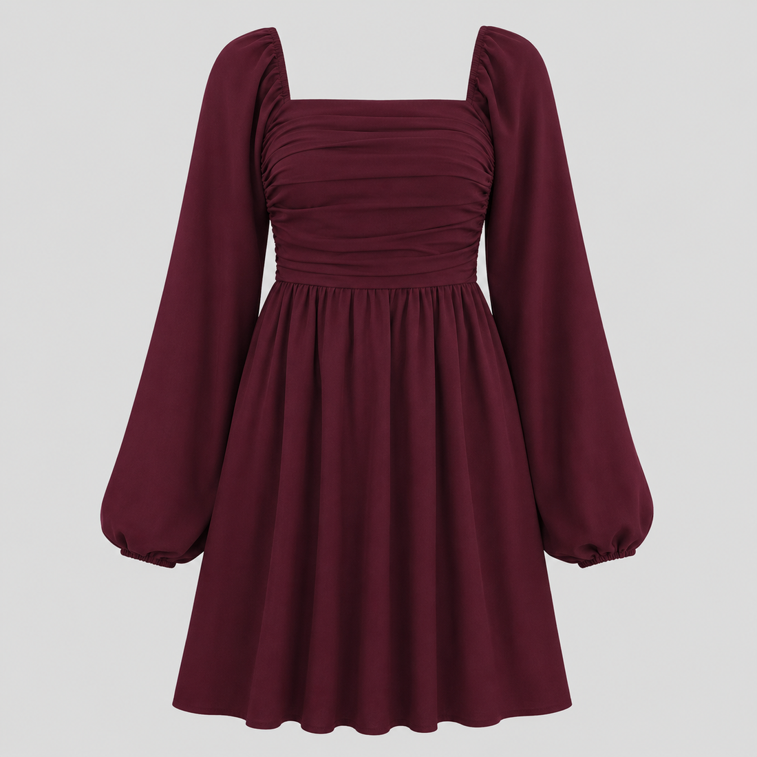 Long sleeve mini dress with square neckline, pleated bodice, defined waist, and flowy fit-and-flare silhouette