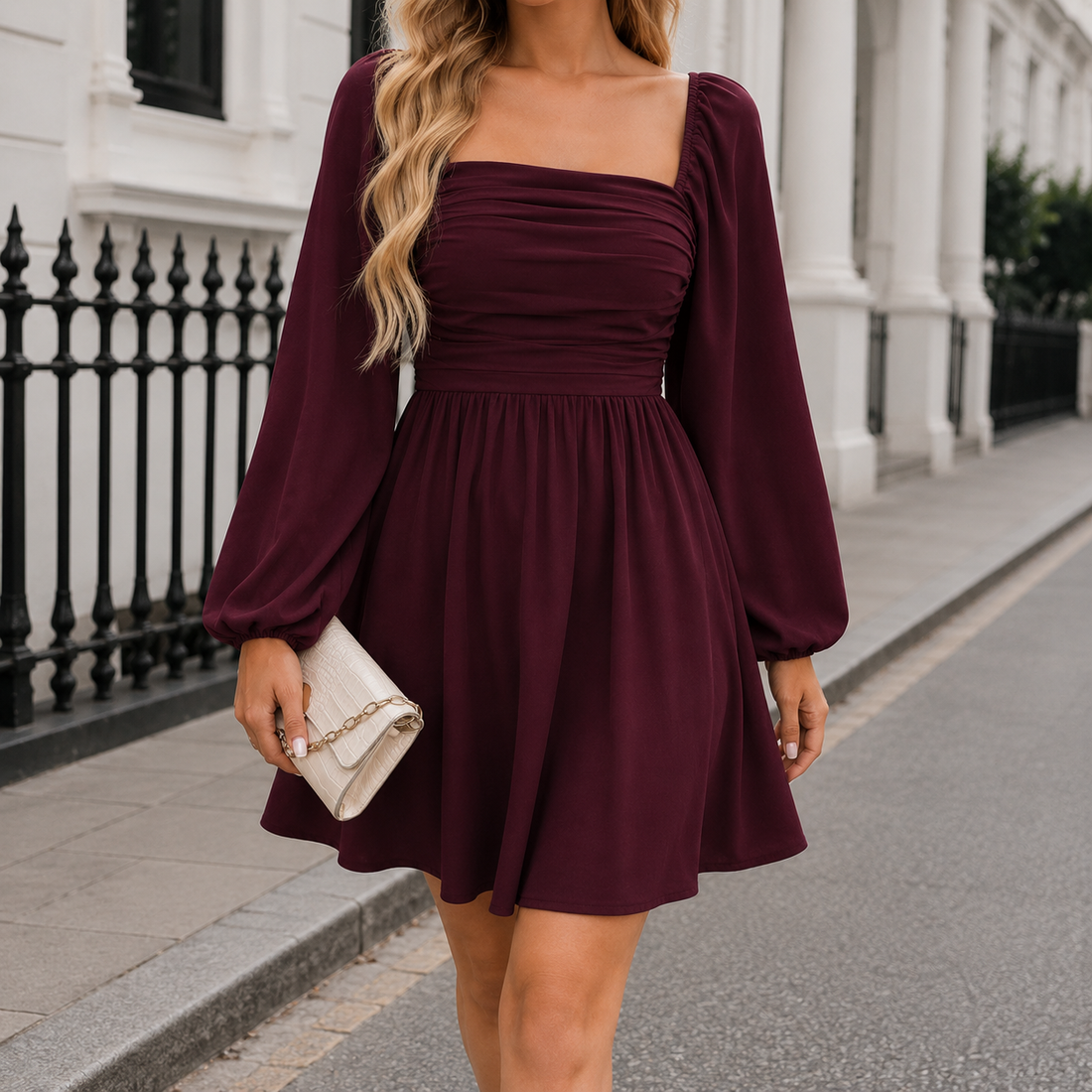 Long sleeve mini dress with square neckline, pleated bodice, defined waist, and flowy fit-and-flare silhouette