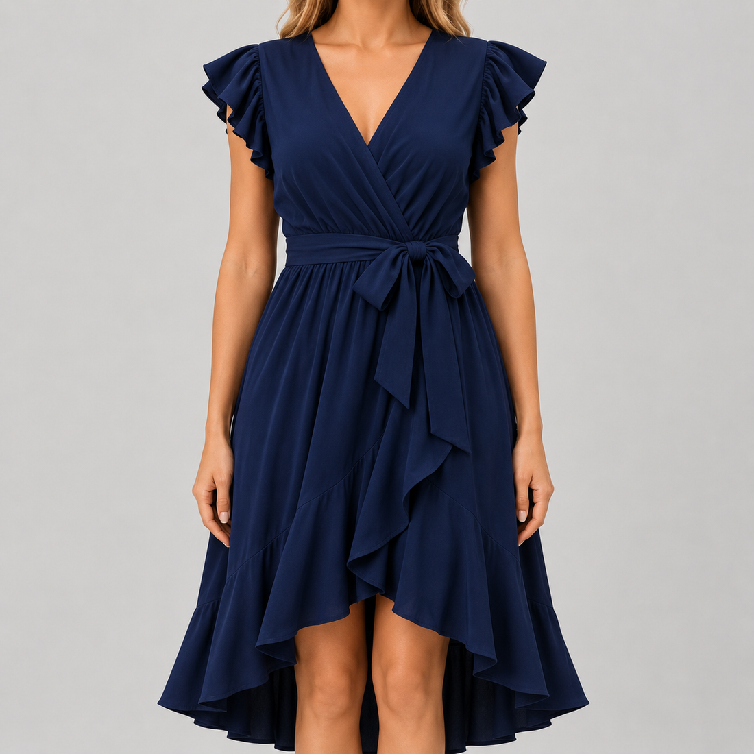 Flutter sleeve wrap midi dress with surplice V-neckline, self-tie waist, and ruffled high-low hem