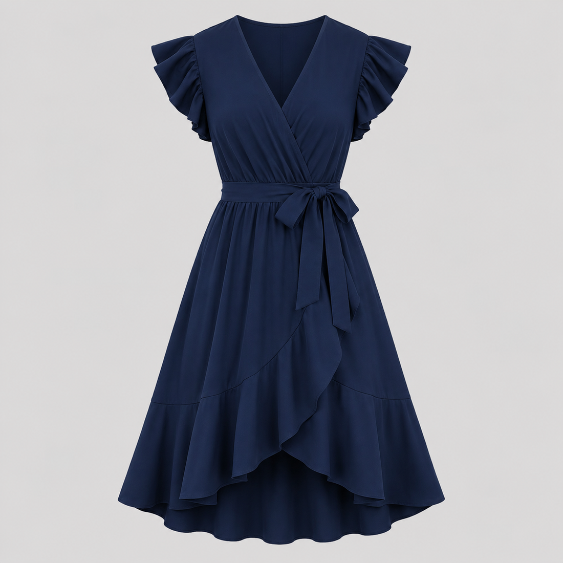 Flutter sleeve wrap midi dress with surplice V-neckline, self-tie waist, and ruffled high-low hem