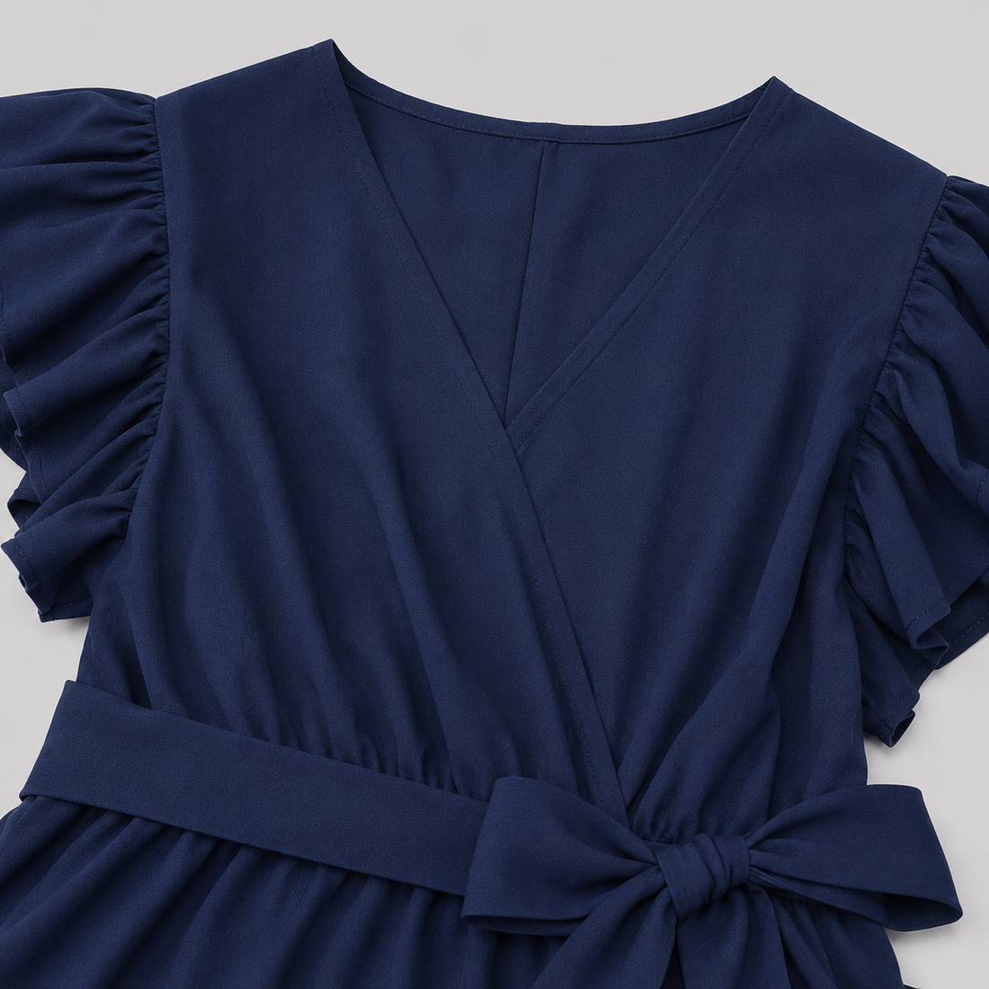 Flutter sleeve wrap midi dress with surplice V-neckline, self-tie waist, and ruffled high-low hem