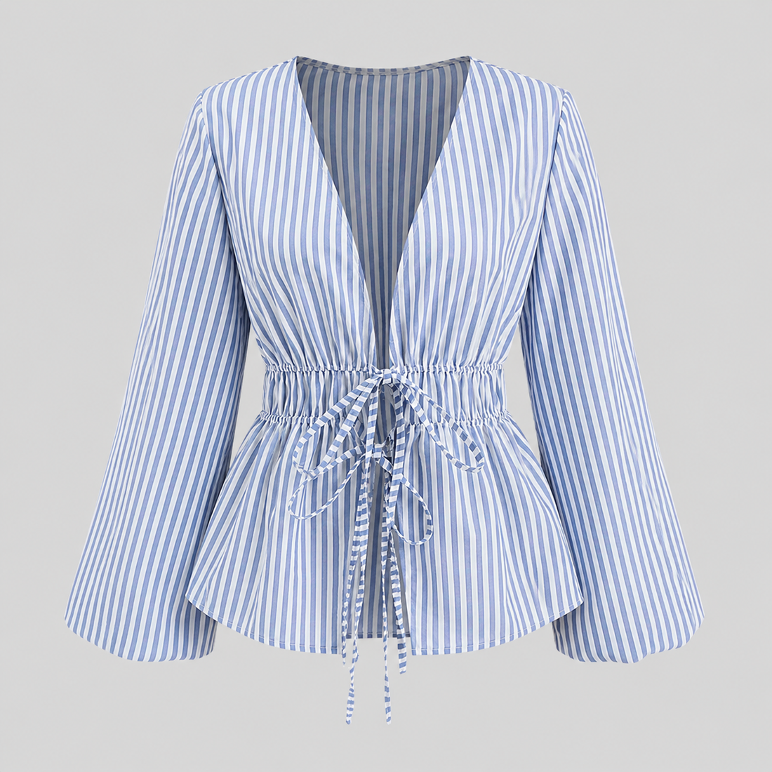 Striped tie-waist blouse with deep V-neck open front, long bell sleeves, and flared hem for a feminine tailored silhouette