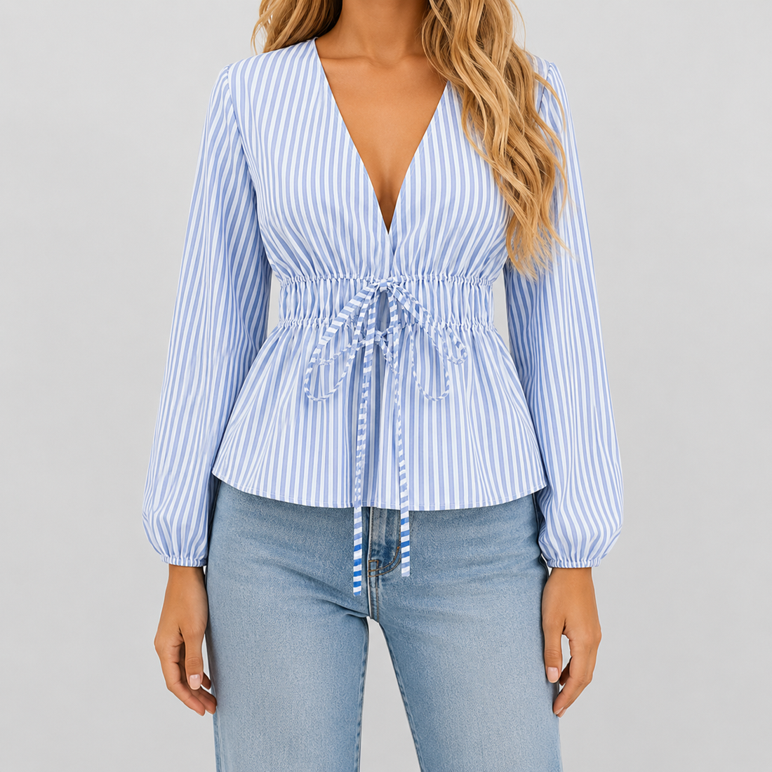 Striped tie-waist blouse with deep V-neck open front, long bell sleeves, and flared hem for a feminine tailored silhouette