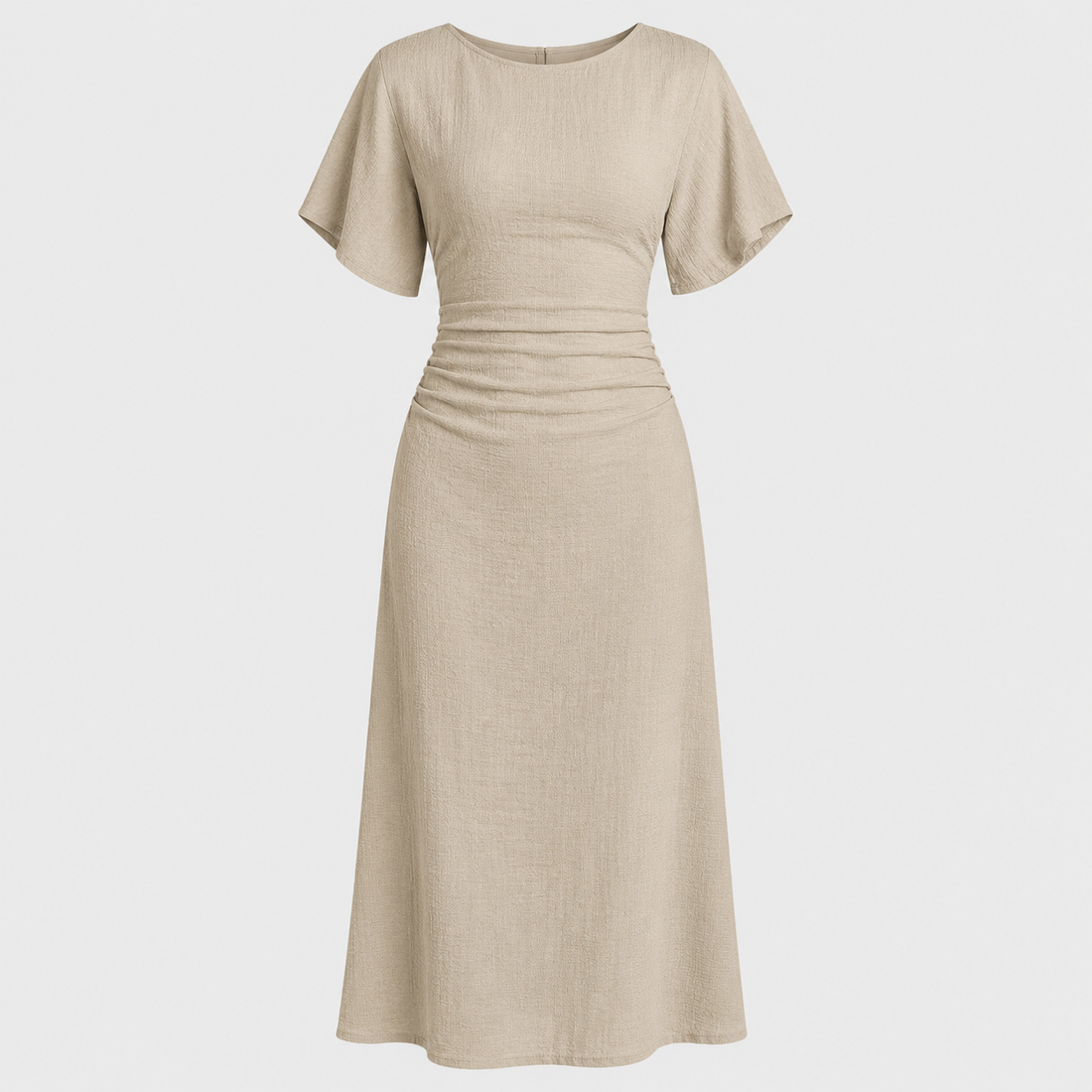 Short sleeve maxi dress with round neckline, ruched waistband, and sleek column silhouette