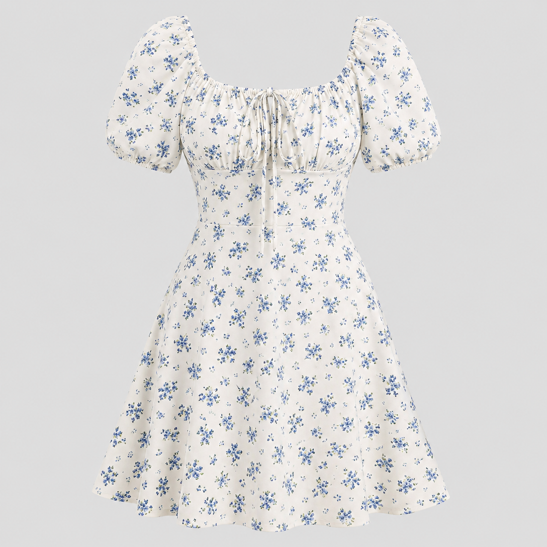 Floral mini dress with square neckline, front tie detail, short puff sleeves, and fit-and-flare silhouette