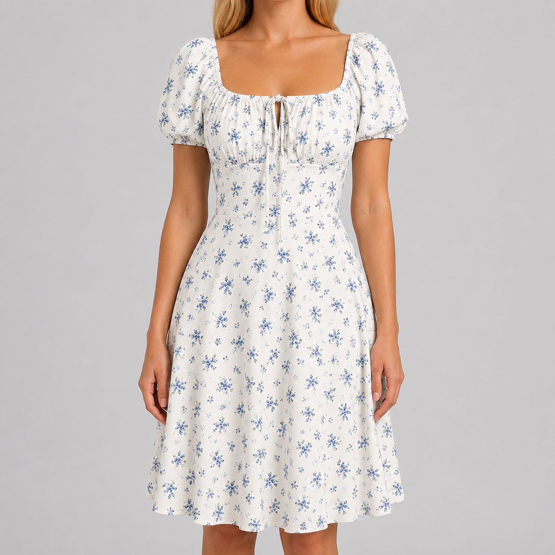 Floral mini dress with square neckline, front tie detail, short puff sleeves, and fit-and-flare silhouette