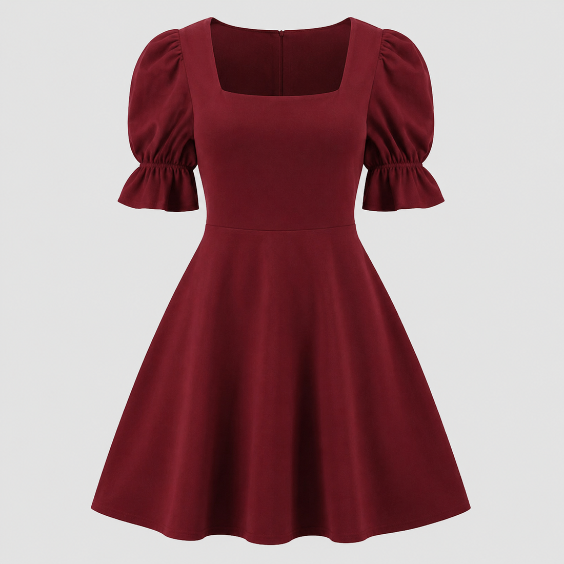 Square-neck mini dress with short puff sleeves, fitted waist, and flared fit-and-flare skirt