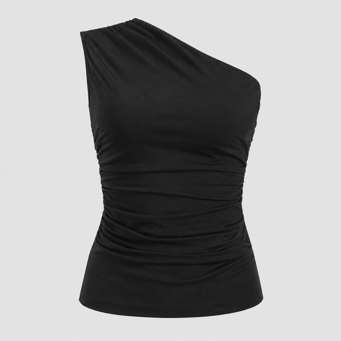 One-shoulder ruched fitted top with asymmetrical neckline and sleek body-contouring silhouette
