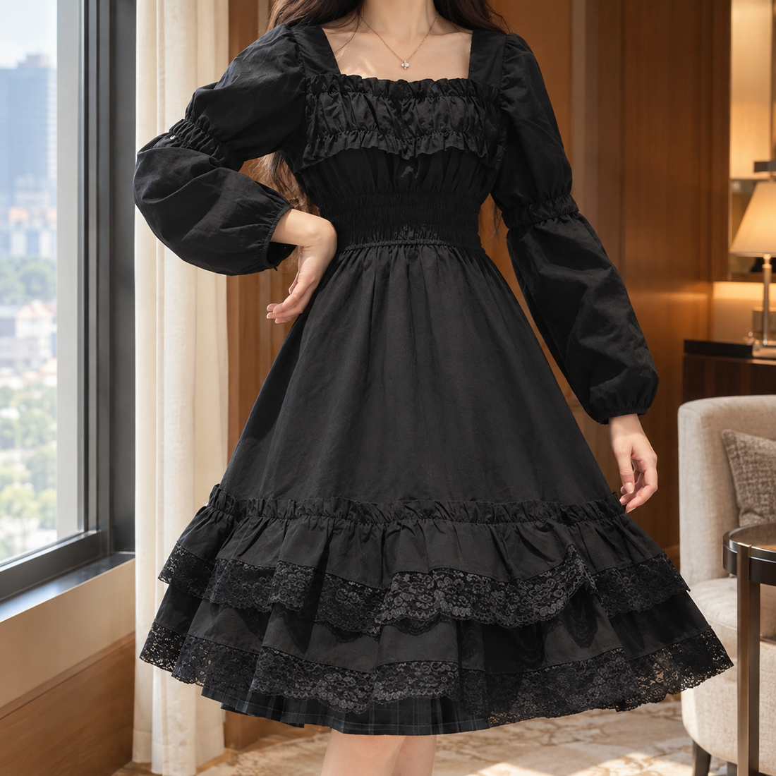 Elara-Marie Ruffled A-Line Dress - Black