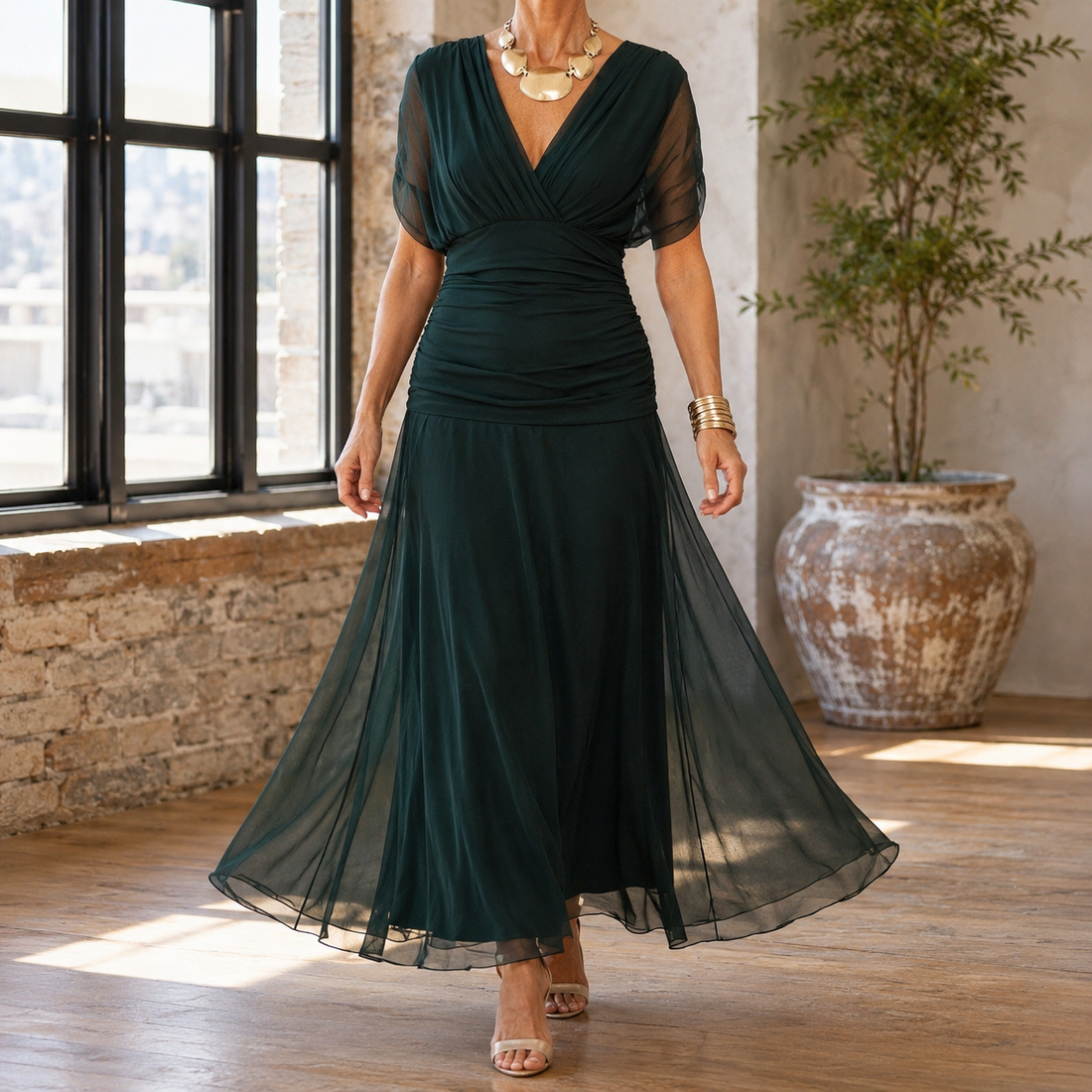 Lydia-Hope Draped Maxi Dress - Dark Green