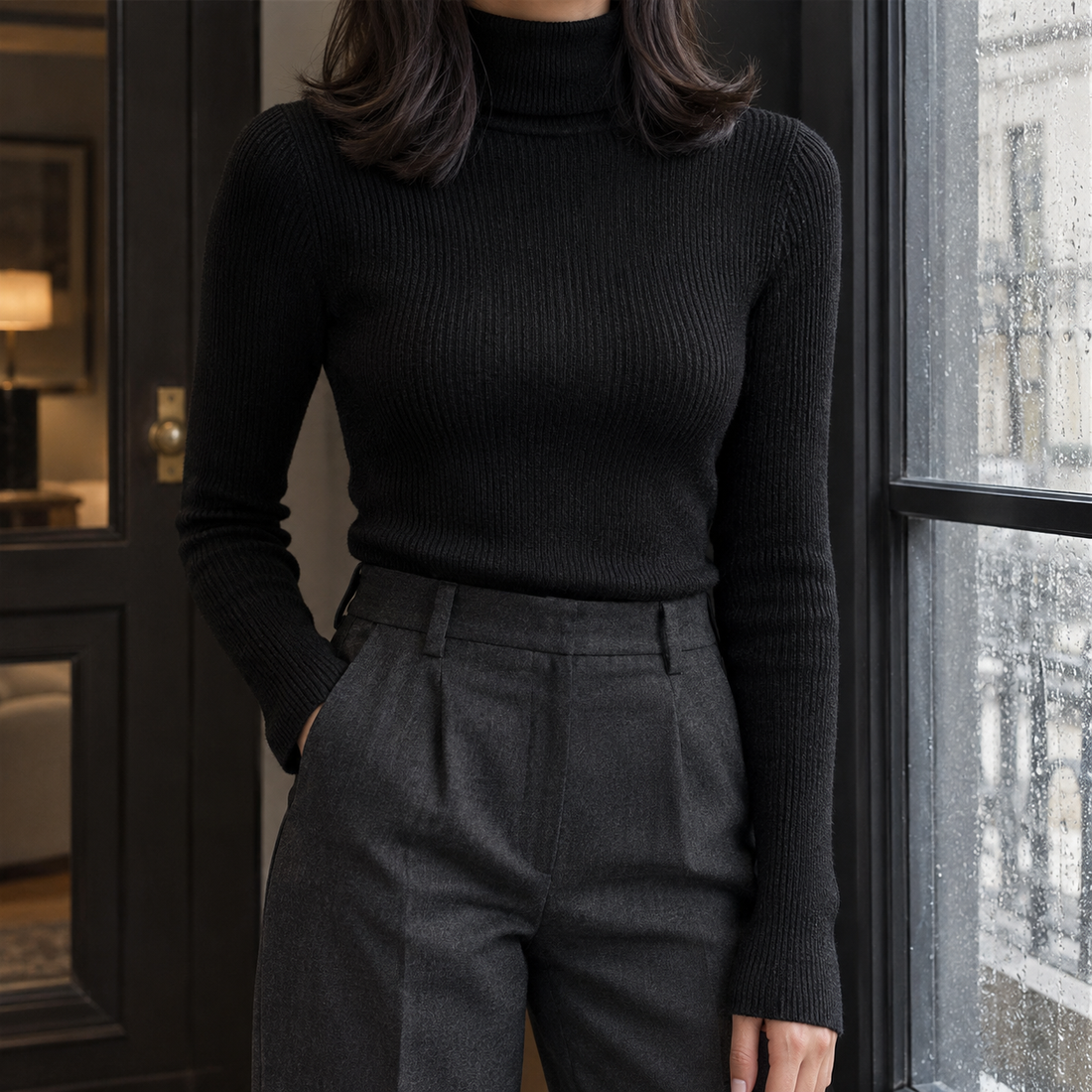Natalia-Marie Ribbed Turtleneck - Black
