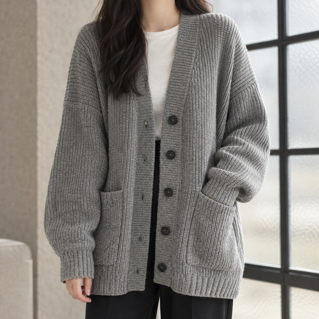 Lauren-Elise Ribbed Cardigan - Gray