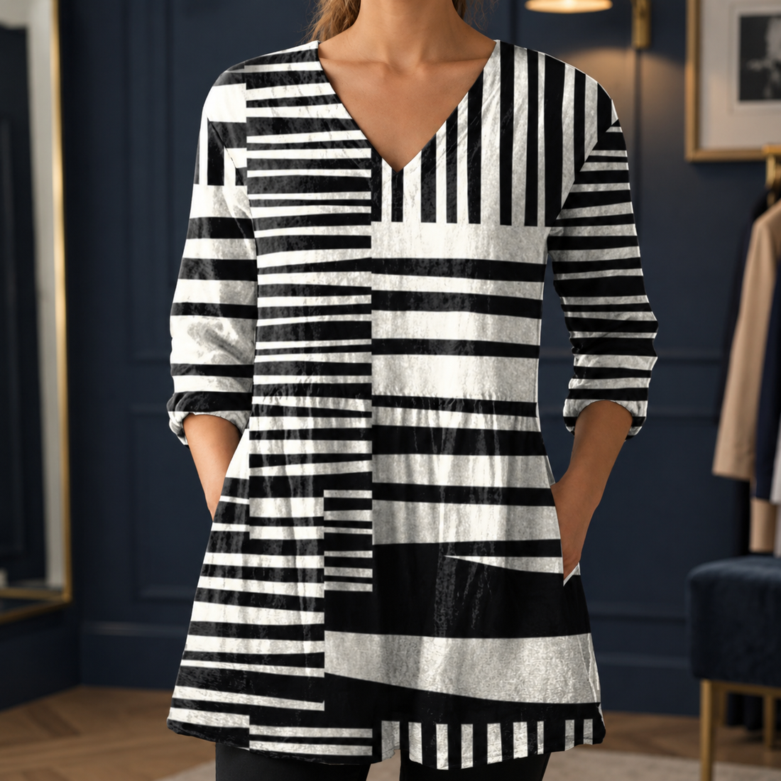 Ada-Rose V-Neck Blouse - Black White