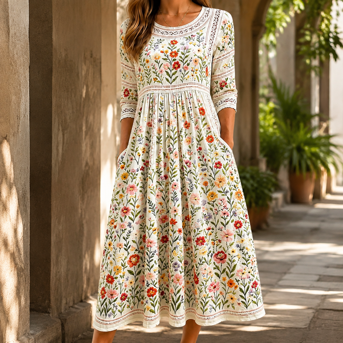 Solene Floral Midi Dress - Ivory Floral