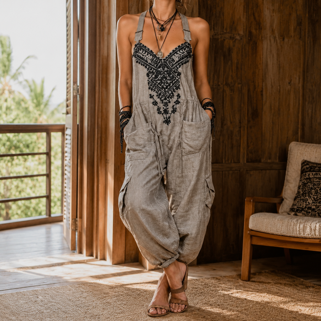Nora Embroidered Jumpsuit - Gray
