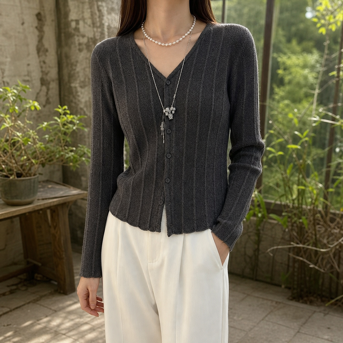 Elle-Pearl Ribbed Cardigan - Gray