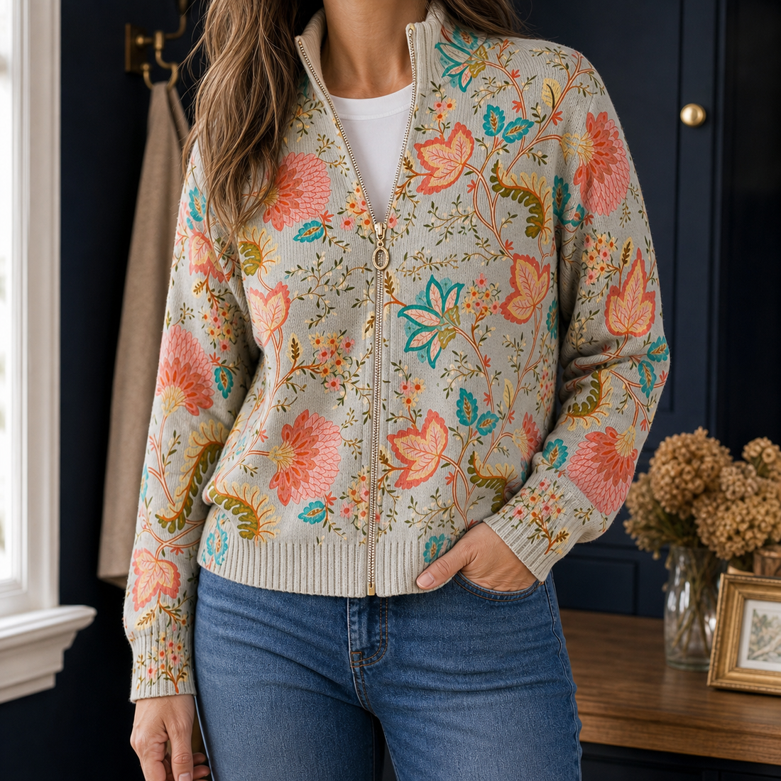 Lucille-Claire Floral Sweater - Gray Floral