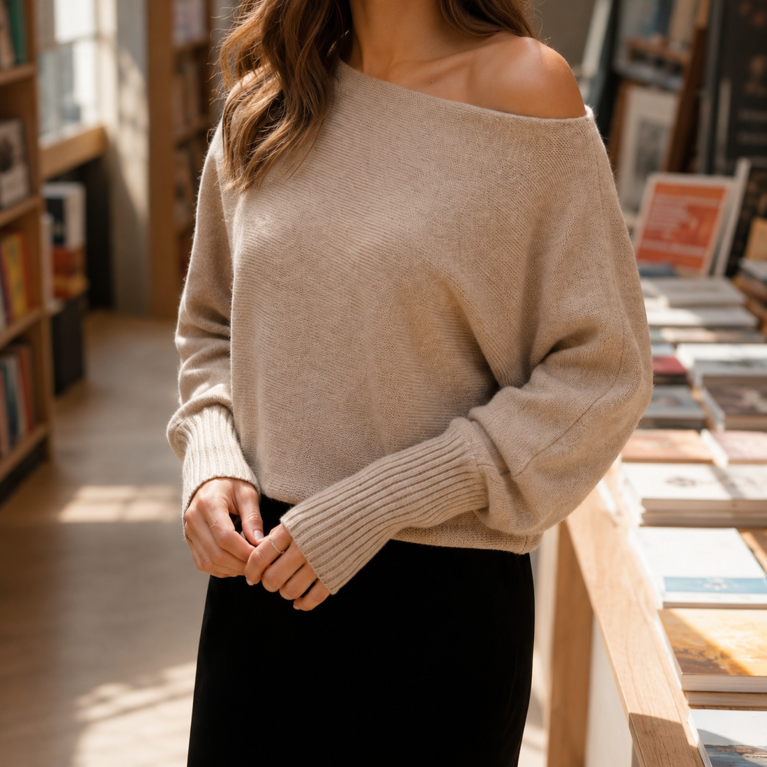 Fleur Off Shoulder Sweater - Beige