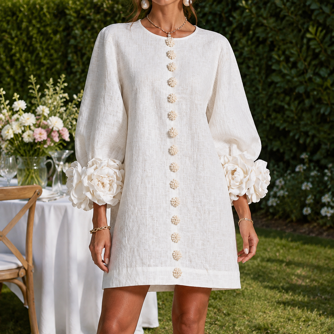 Nadia-Marie Rosette Cuff Dress - White