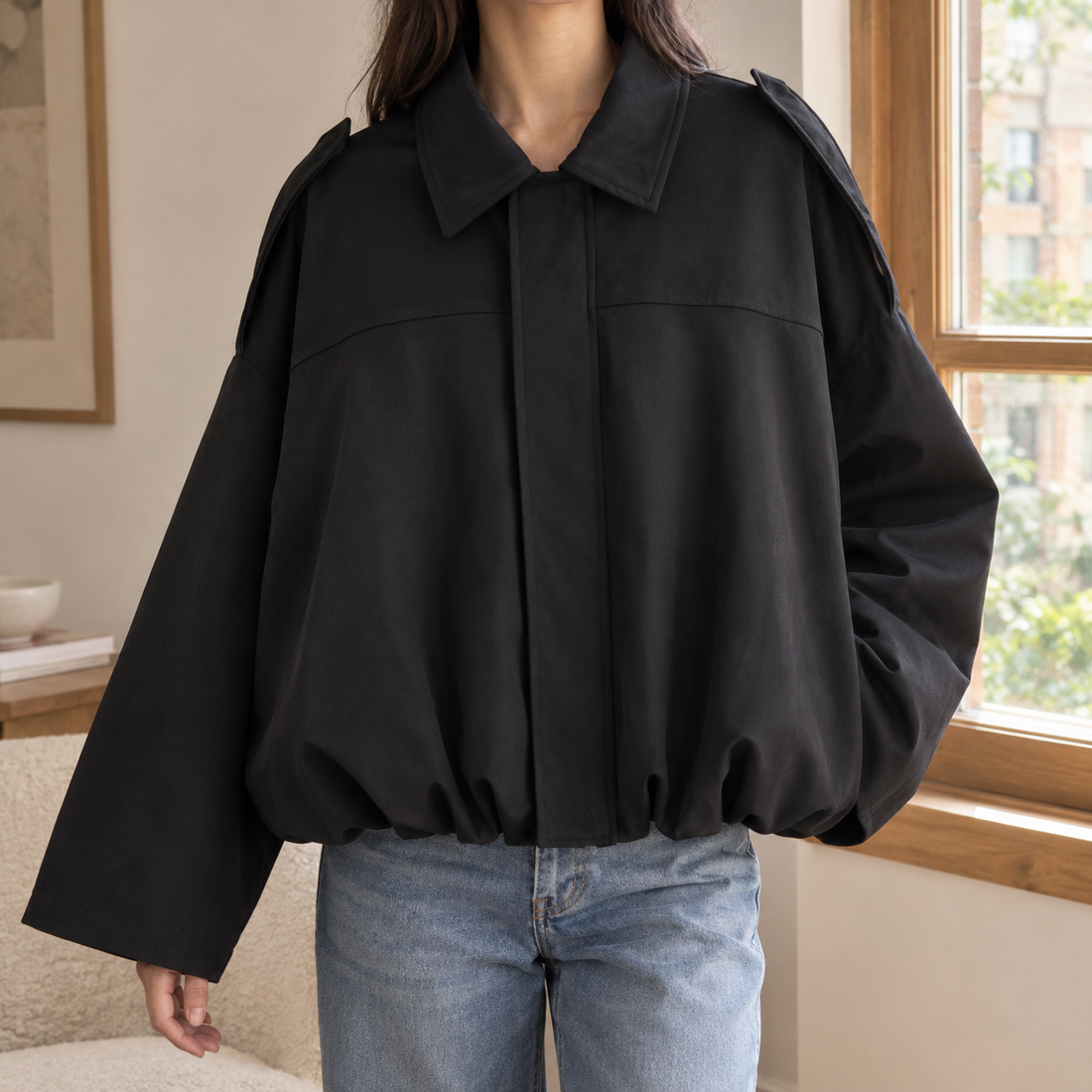 Amabel Cropped Bomber Jacket - Black
