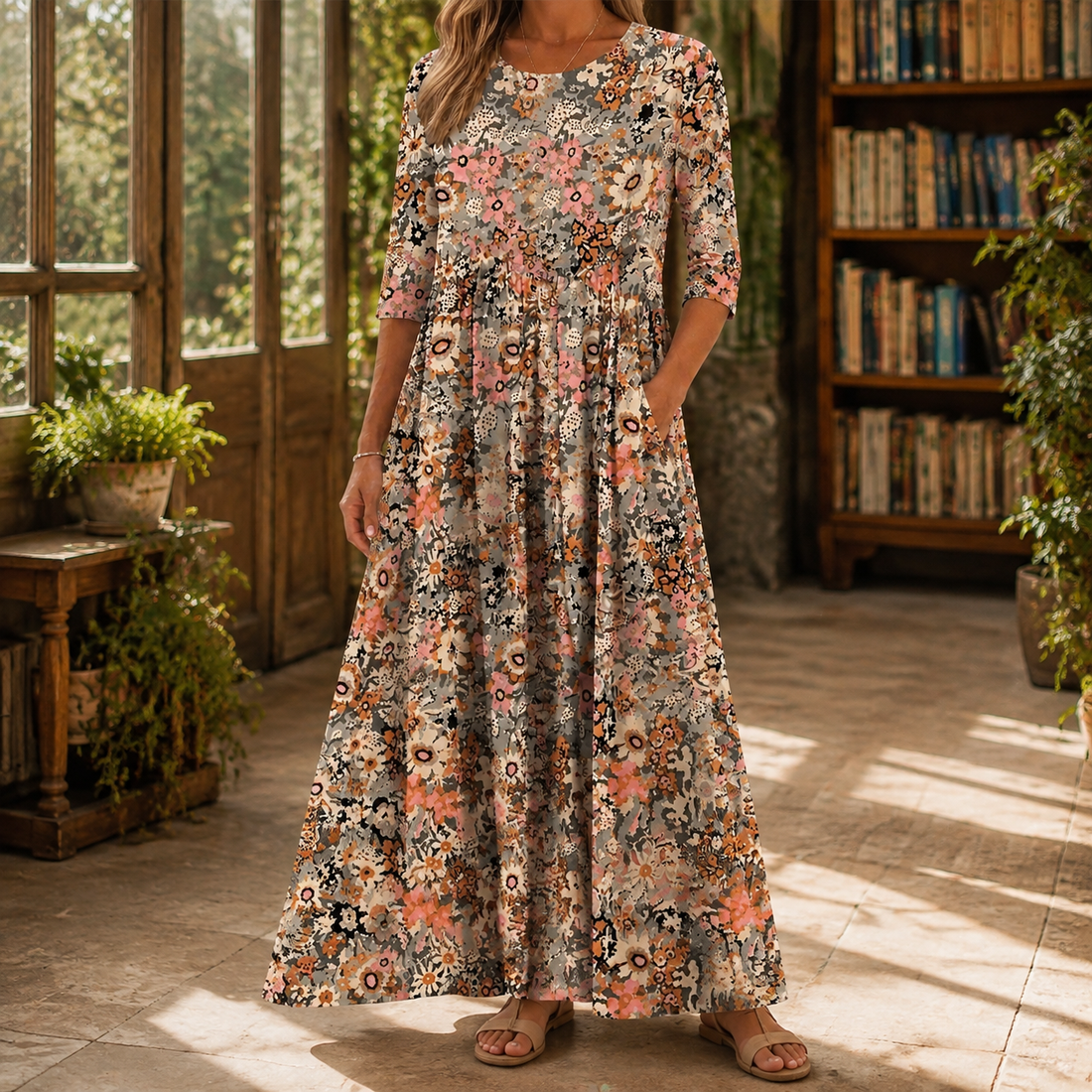 Nina Floral Maxi Dress - Beige Floral