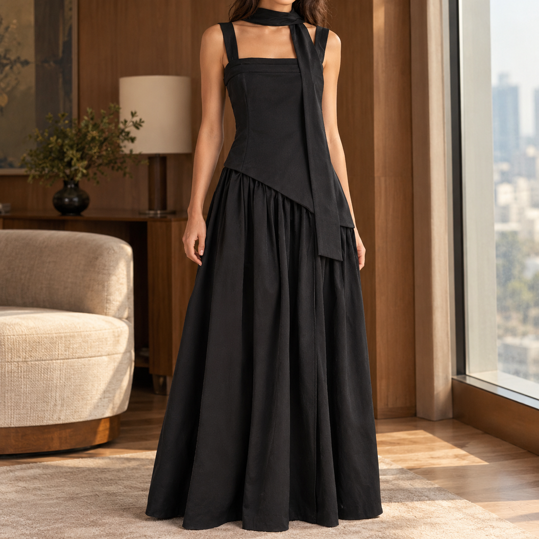 Evelina-Sage Asymmetric Maxi Dress - Black