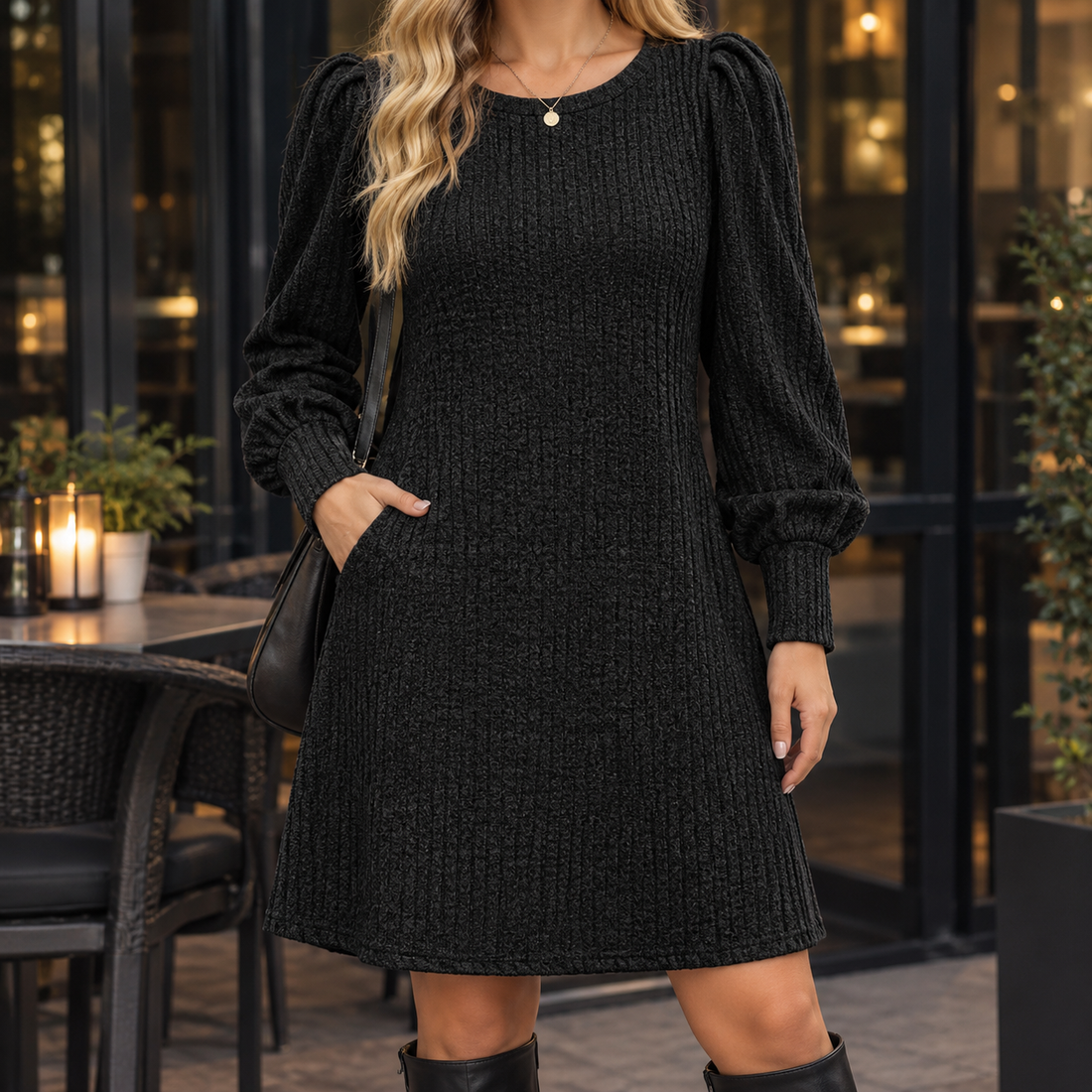 Amelia Puff Sleeve Dress - Black