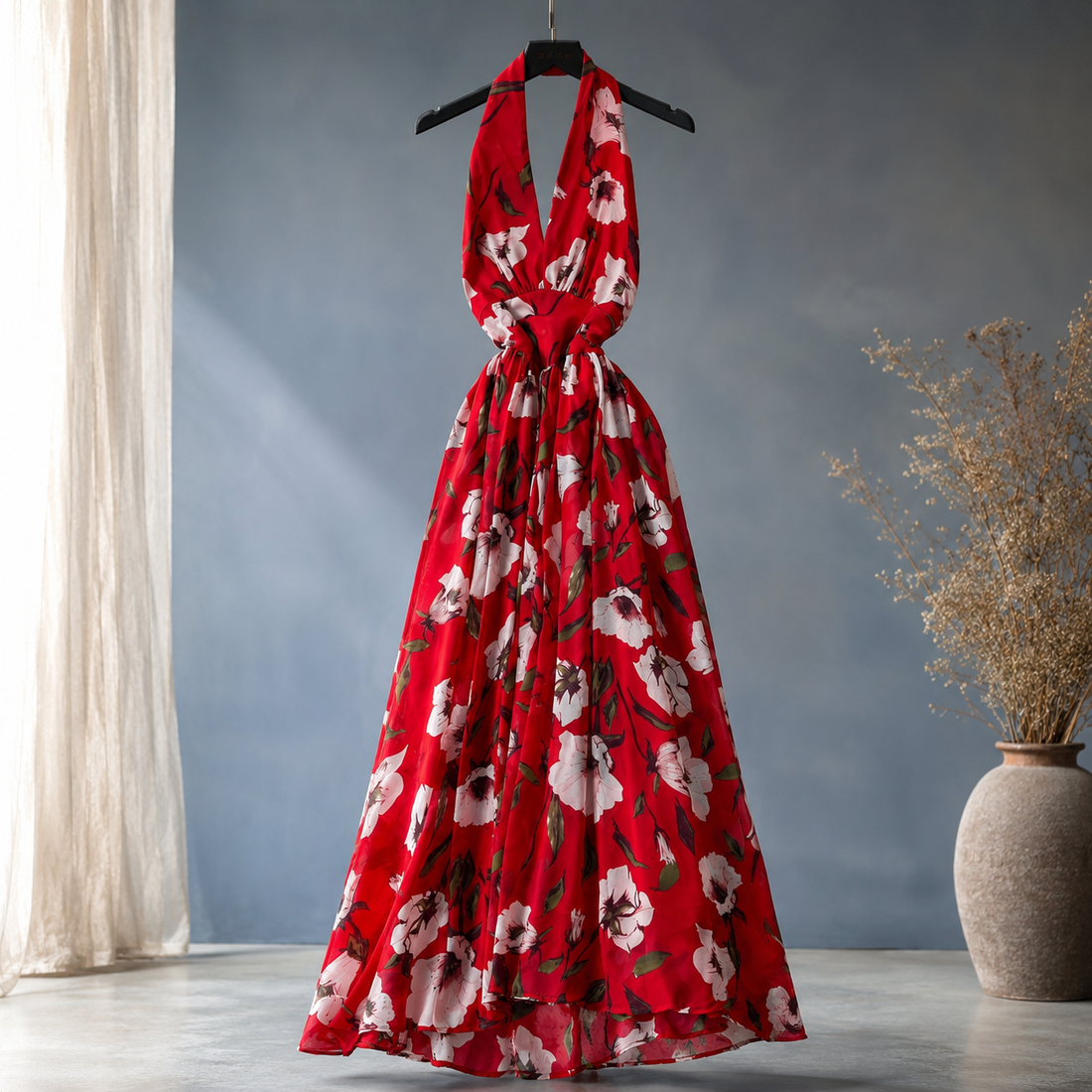 Noemie Floral Halter Dress - Red