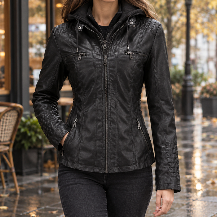 Maxine-Jade Hooded Leather Jacket