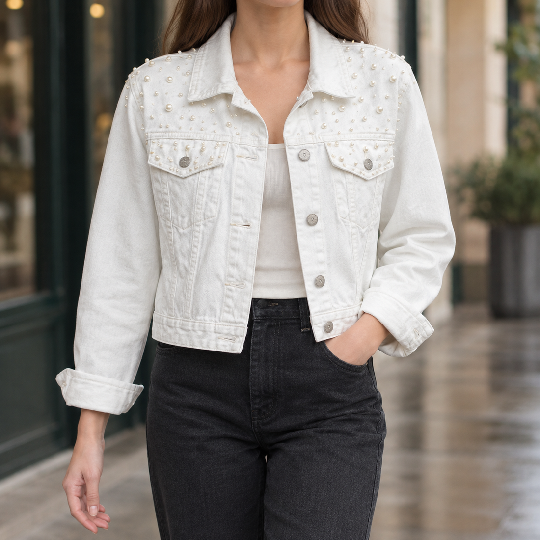 Annabelle-Jade Beaded Denim Jacket - White