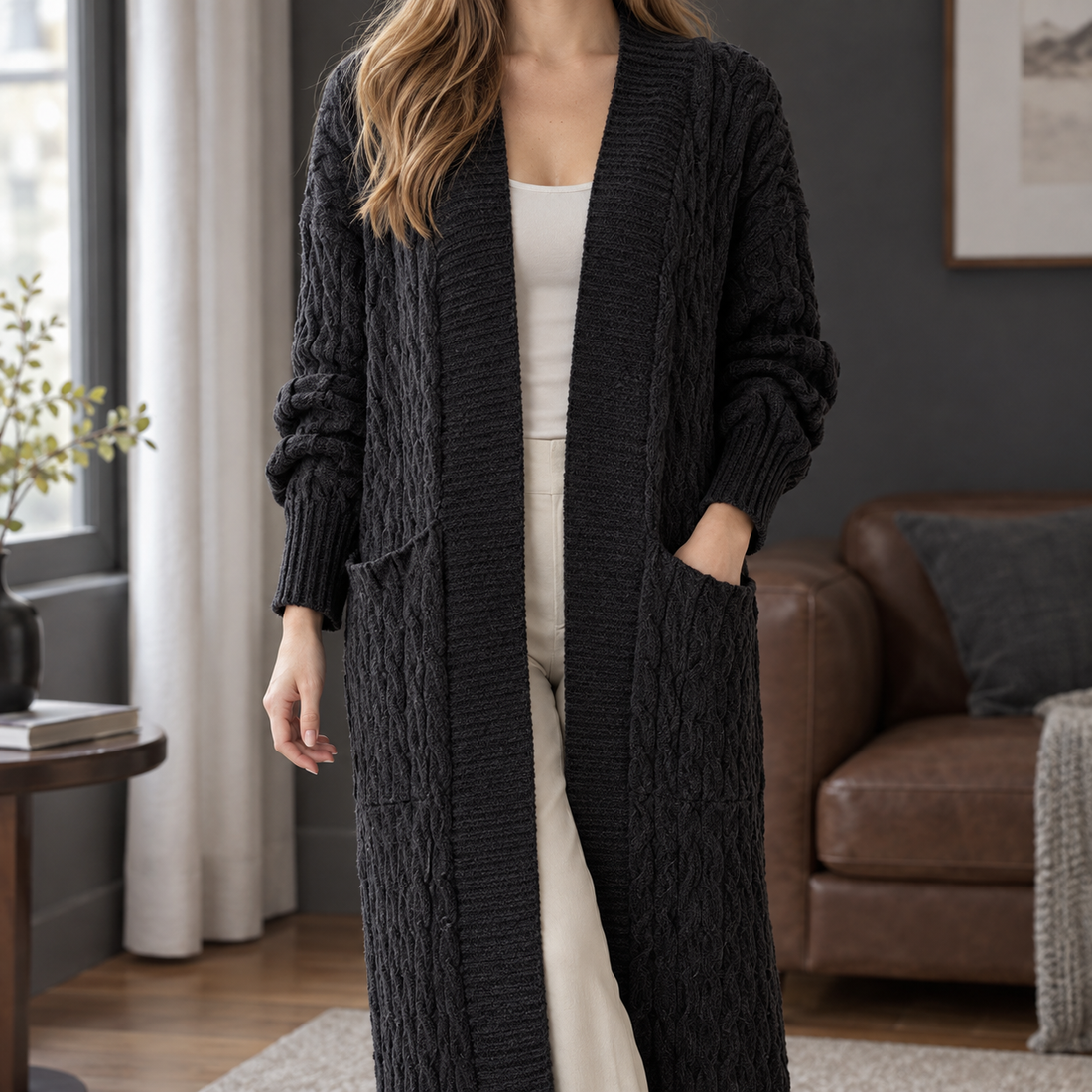 Naomi-Hope Cable Knit Cardigan - Black
