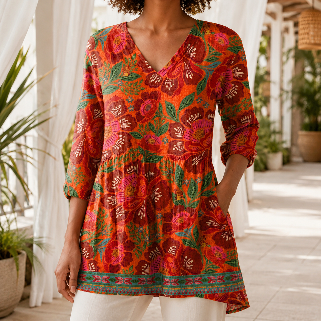 Lydia-Claire V-Neck Blouse - Red Orange