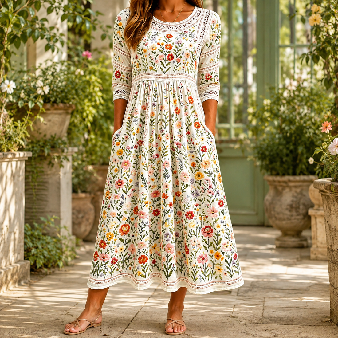 Elodie Floral Midi Dress - Ivory Floral