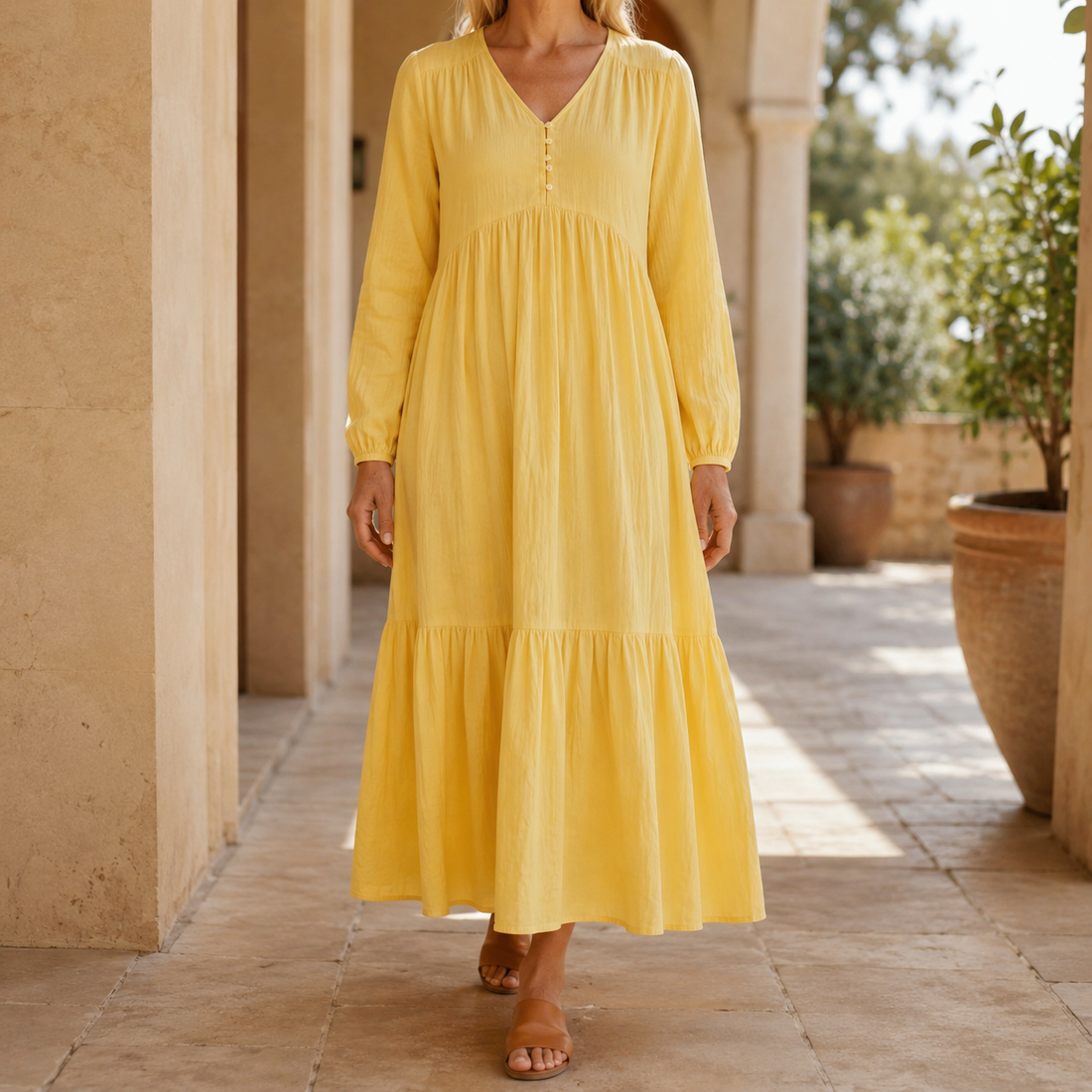 Meredith Tiered Maxi Dress - Light Yellow