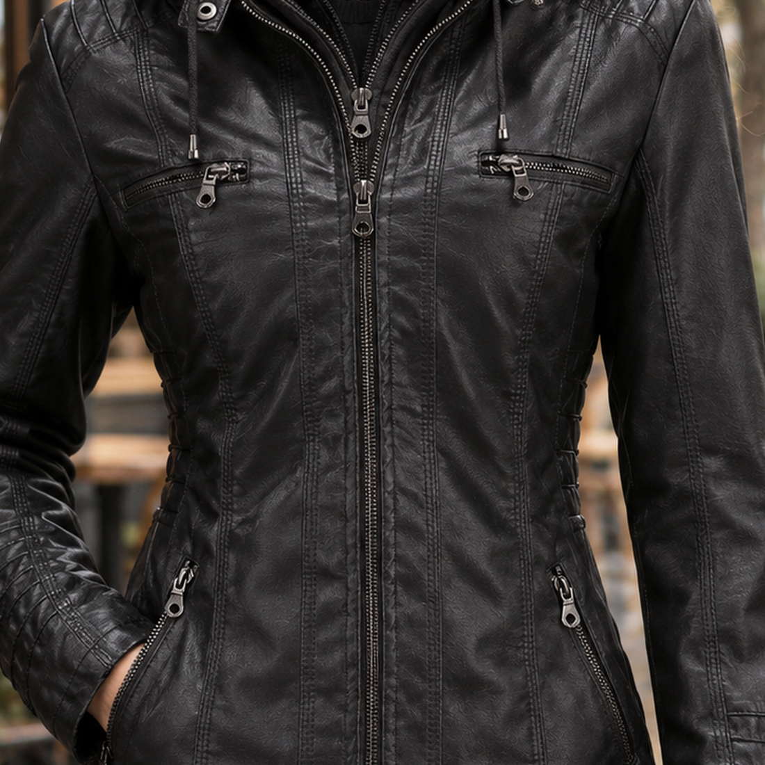Maxine-Jade Hooded Leather Jacket - Lead Product Detail