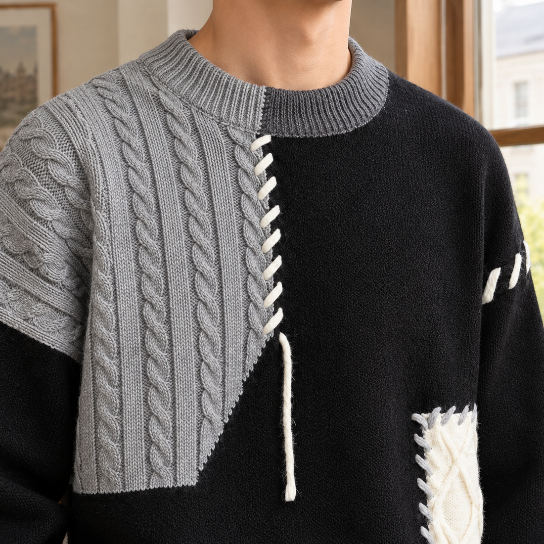Archambault Patchwork Knit Sweater - Lead Product Detail