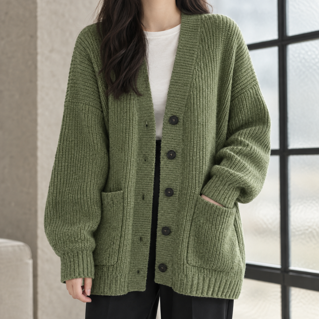Lauren-Elise Ribbed Cardigan - Green