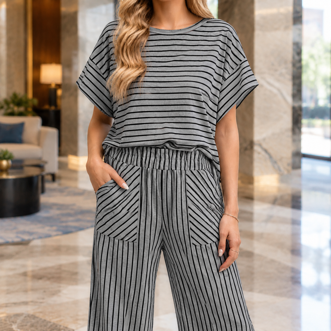 Zenobia Striped Pants Set - Dark Gray