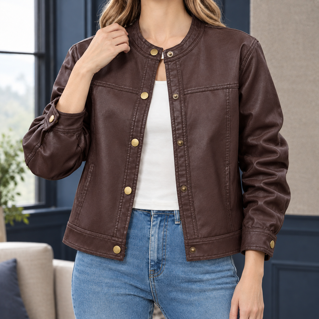 Gillian-Grace Snap Front Jacket - Brown