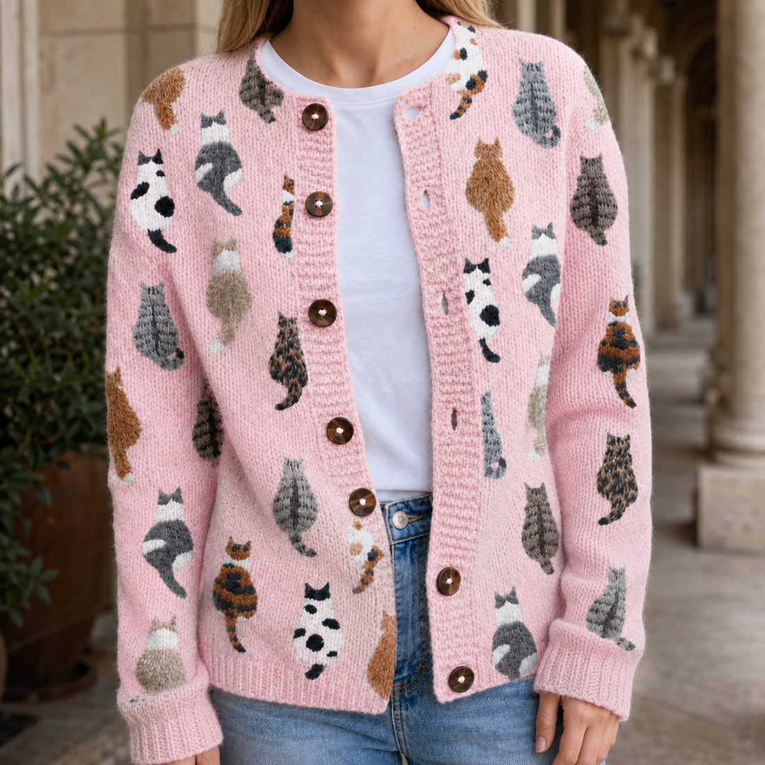 Talia-Lane Cat Print Sweater - Pink