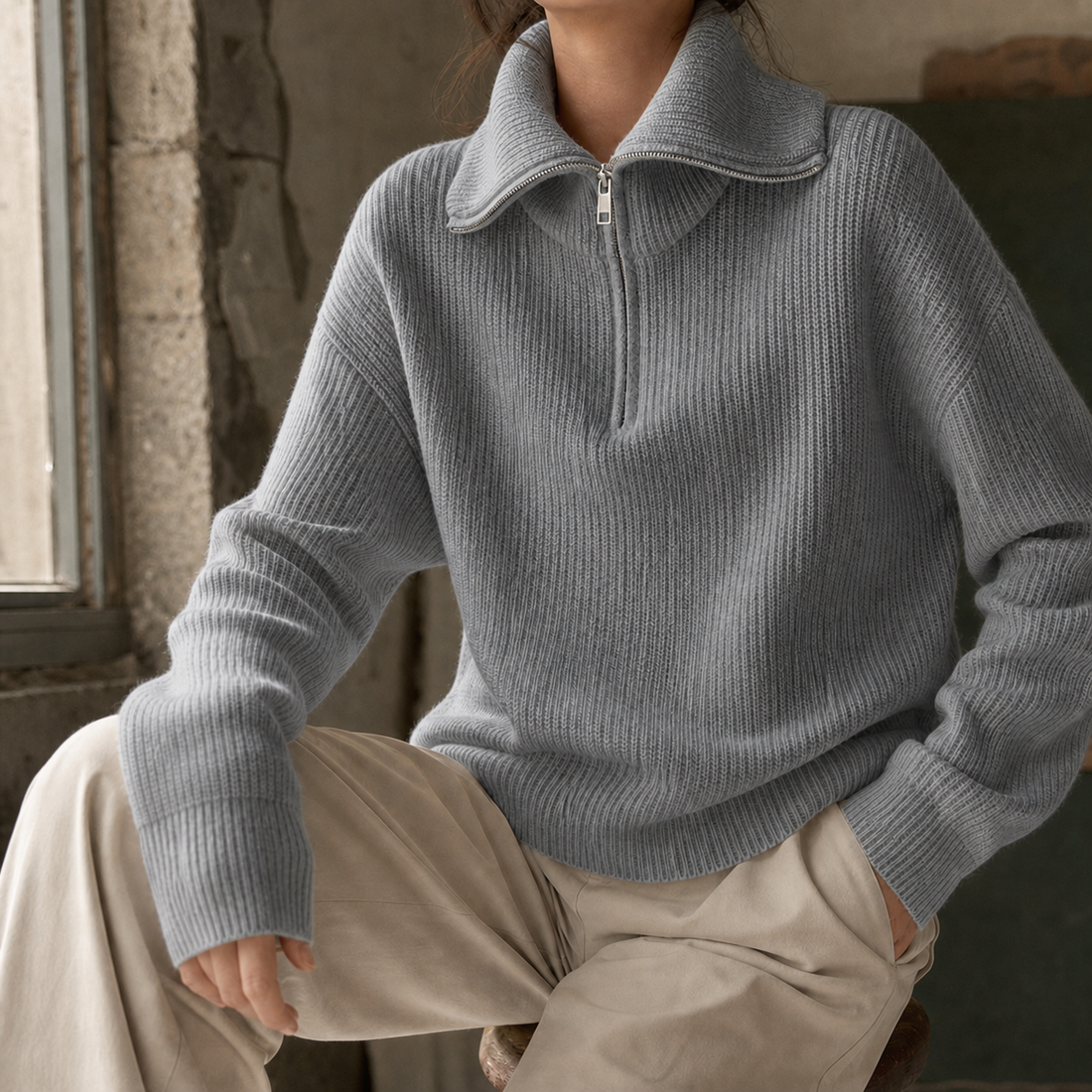 Xaviera-Sage Zip Neck Sweater - Gray