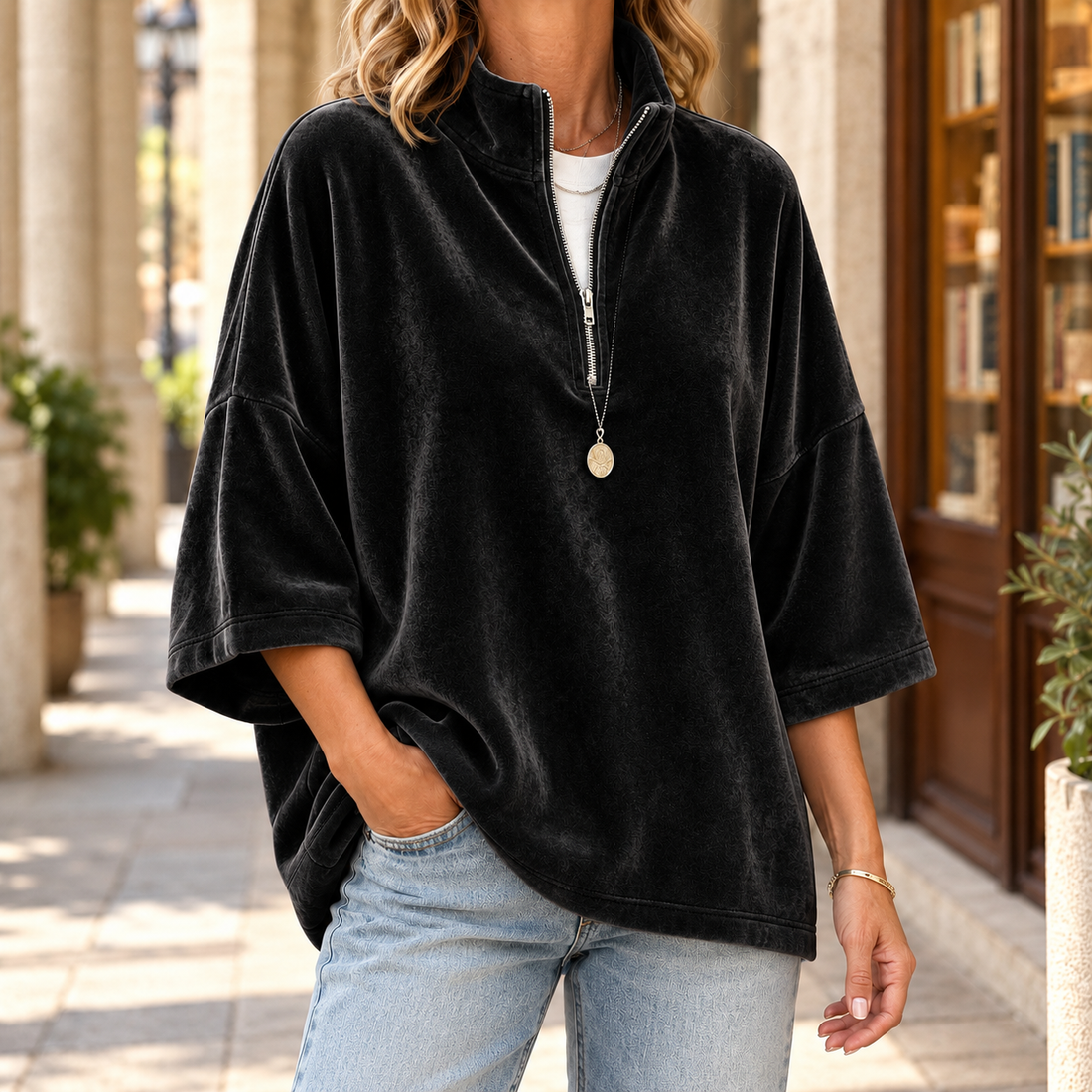 Evadne Quarter Zip Top - Black