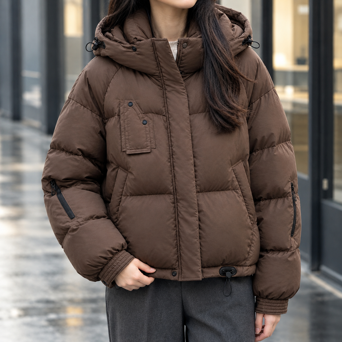 Erin Hooded Puffer Jacket - Brown