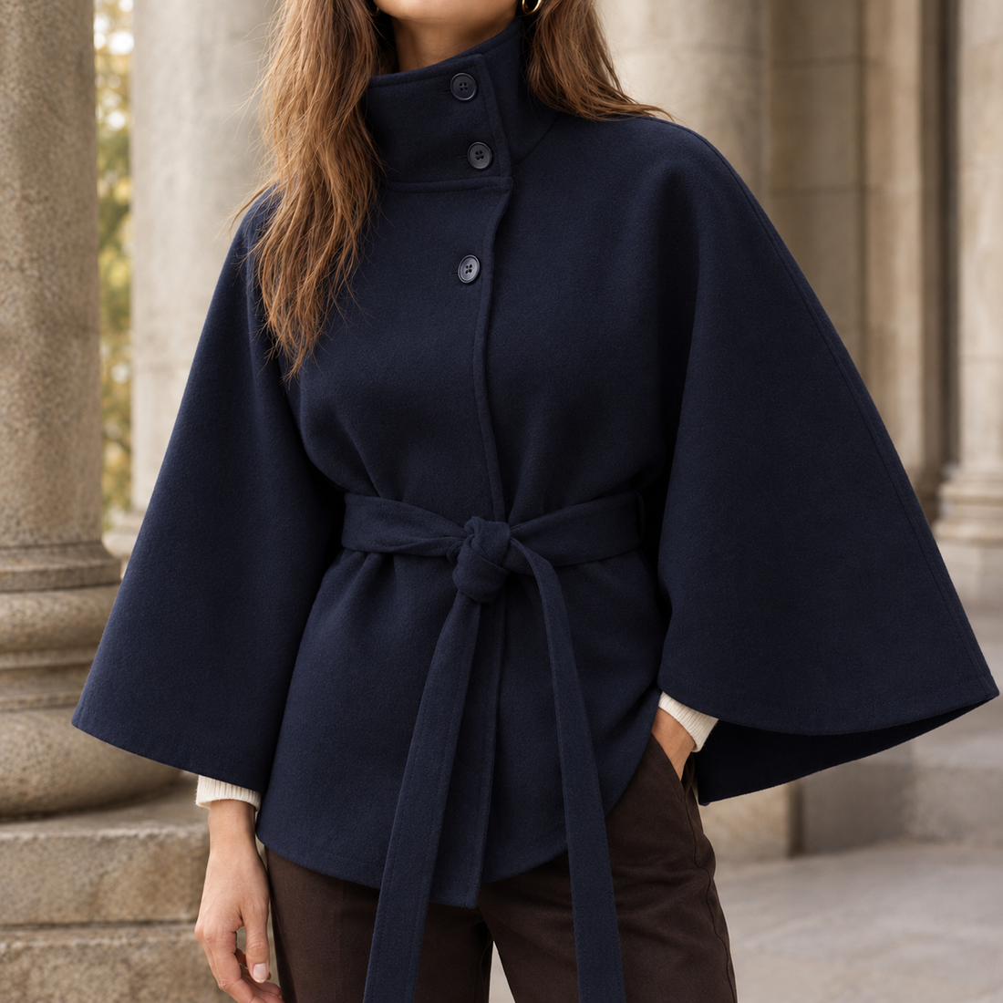 Apolline Belted Cape - Navy Blue