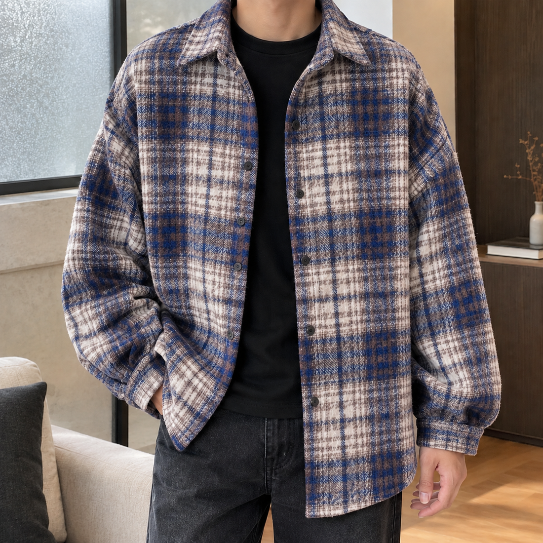 Ludovic-Stone Plaid Overshirt - Blue Grid