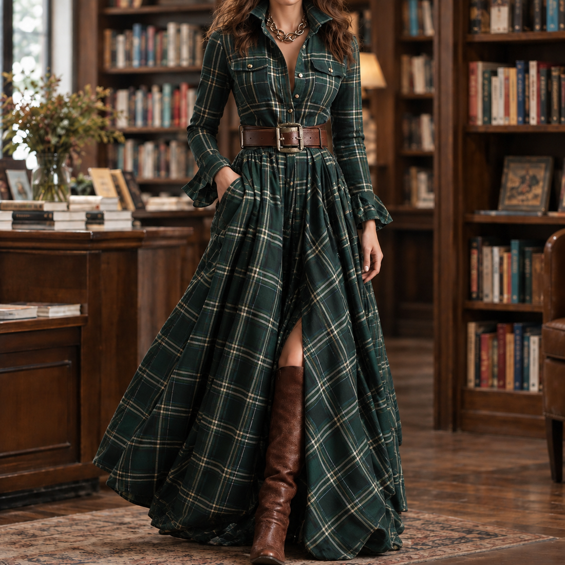 Antonia-Lane Plaid Maxi Dress - Dark Green Plaid