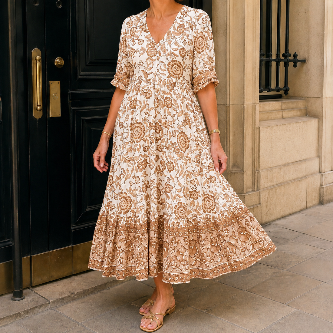 Xenia-Jane Tiered Maxi Dress - Beige