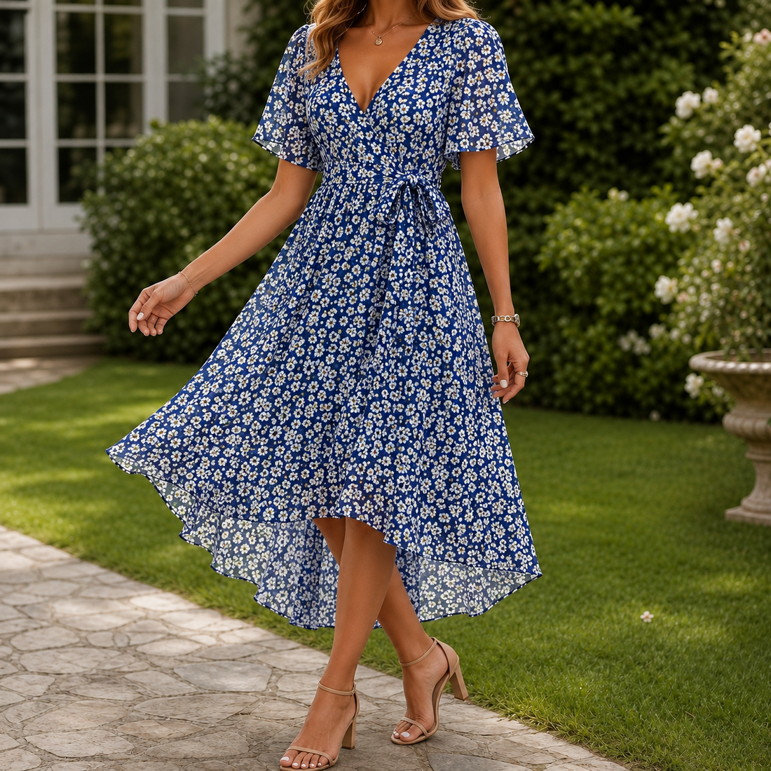 Amelie Wrap Midi Dress - Floral Blue